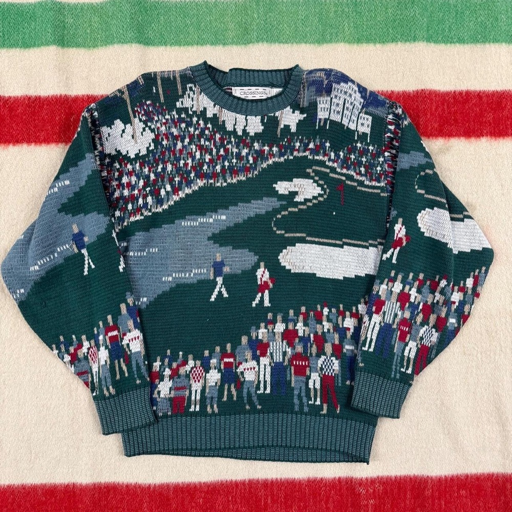 Vintage Crossings 90s Golf Knit Cotton All Over Print Graphic Sweater Mens M